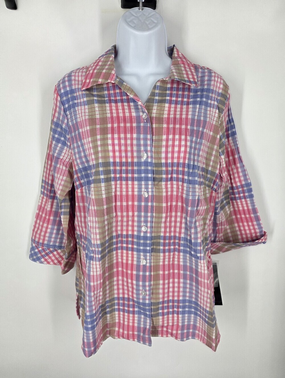 ALIA Plaid Button Down Blouse NWT Size 10 Pink Blue Tan 3/4 Cuffed Sleeve
